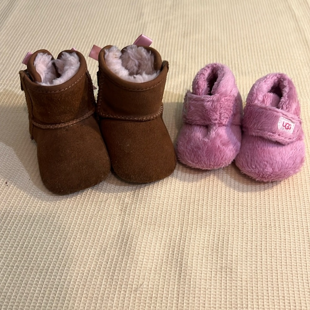 Ugg’s brown suede boots w/ fur inside.  Pink Ugg slippers/casual slip-on shoes.